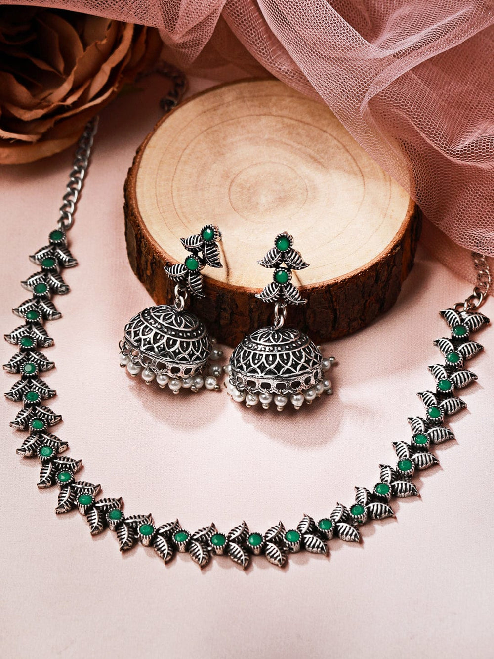 Rubans Silver Plated Handcrafted Oxidised Green Stone Necklace Set Necklace Set