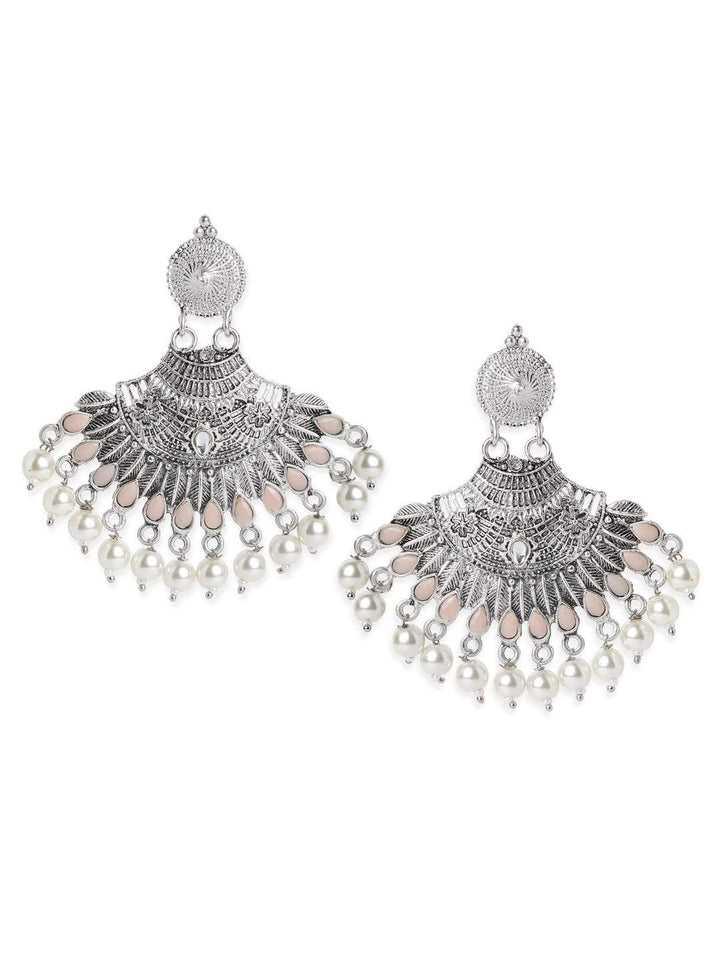 Rubans Silver Plated Handcrafted Peal Rimmed Oxidised Chandbali Earrings Earrings