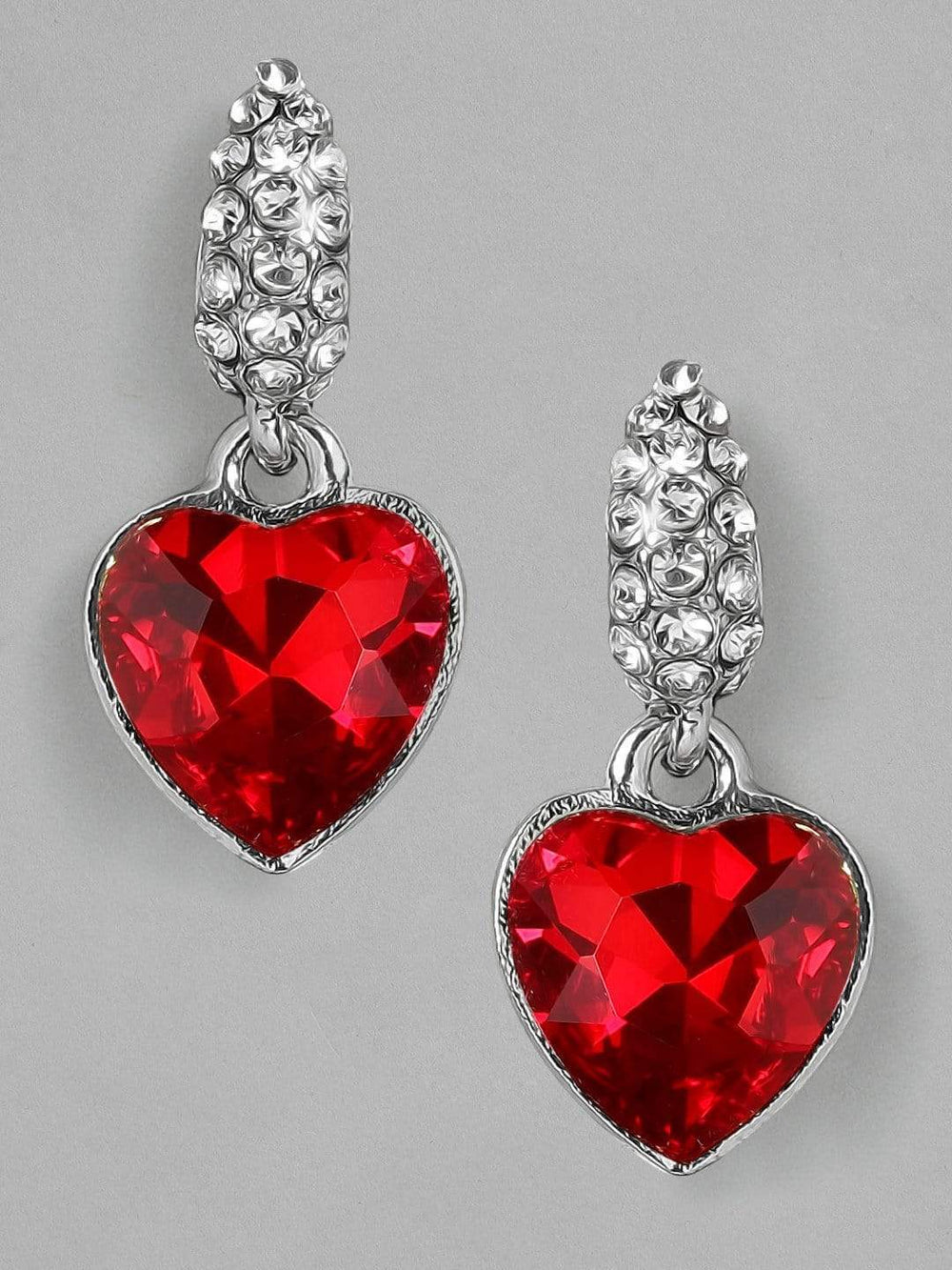 Rubans Silver Plated Handcrafted  Red Stone Heart Shaped Drop Earrings Earrings