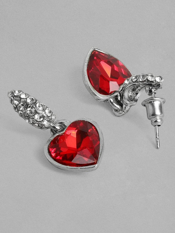 Rubans Silver Plated Handcrafted  Red Stone Heart Shaped Drop Earrings Earrings