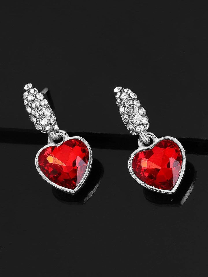 Rubans Silver Plated Handcrafted  Red Stone Heart Shaped Drop Earrings Earrings