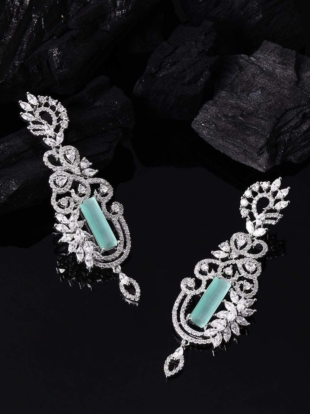 Rubans Silver Plated Handcrafted Zircon Stone Eligant Statement Drop Earrings Necklace Set