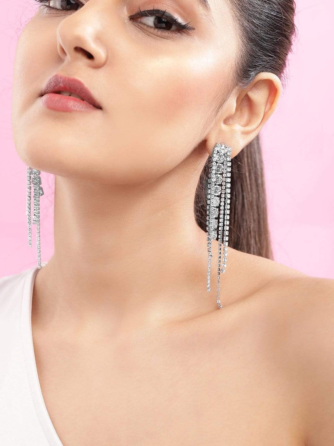 Rubans Silver Plated Handcrafted Zircon Stone Layered Drop Earrings Earrings