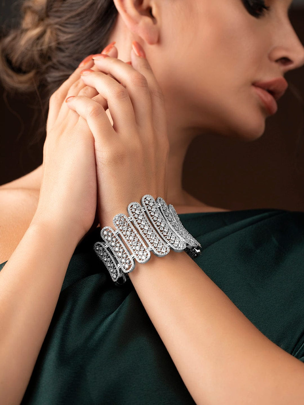 Rubans Silver Plated Kada Bracelet With Studded American Diamonds And Beautiful Design. Bracelets