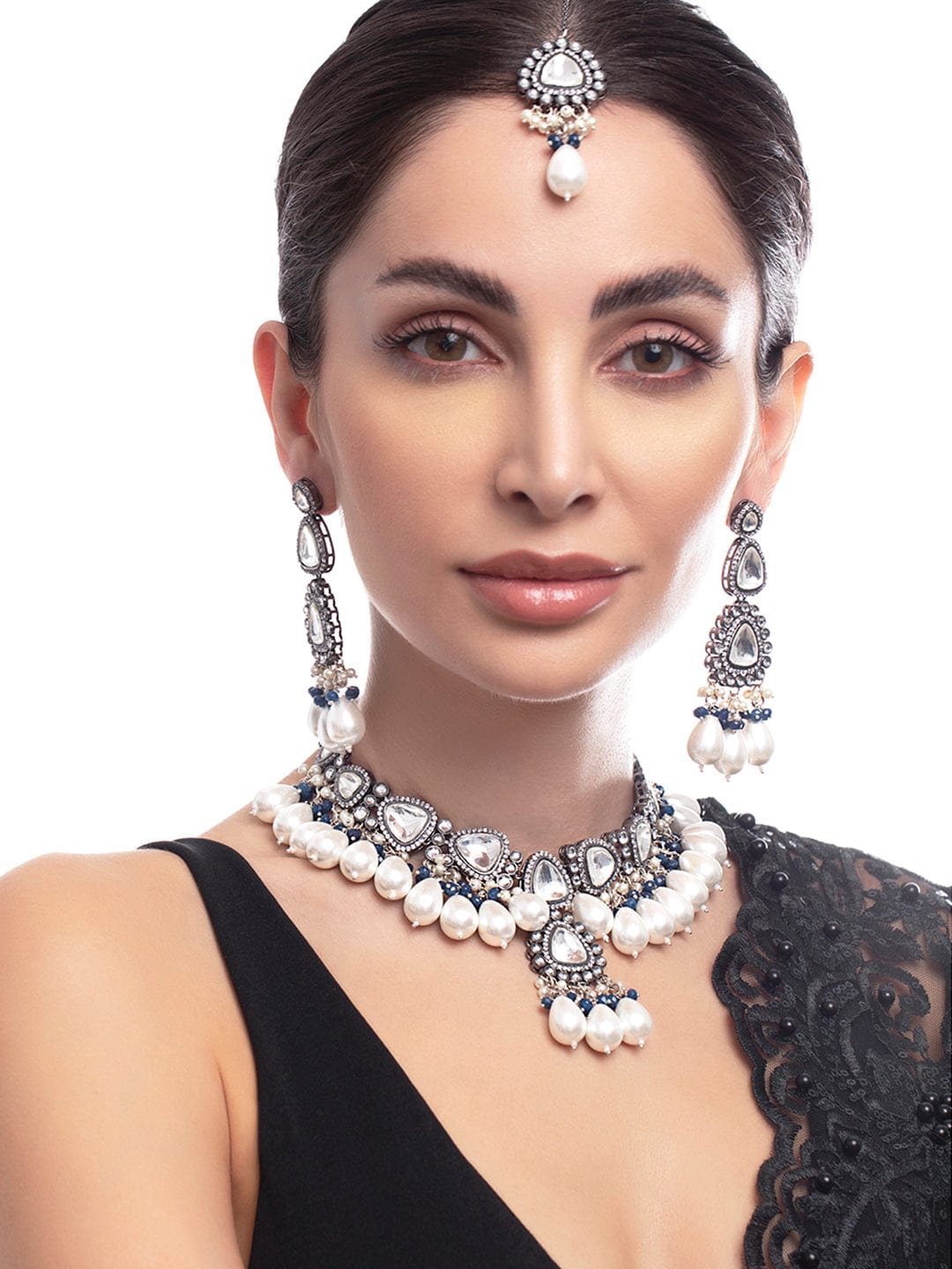 Rubans Silver Plated Kundan Necklace Set With Blue Beads And Pearls Necklace Set