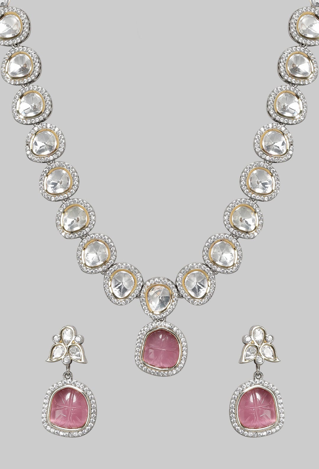 Rubans Silver Plated Kundan Necklace With Studded Pink Stones Necklace Set