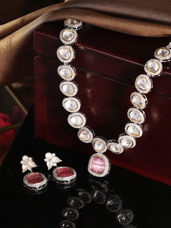 Rubans Silver Plated Kundan Necklace With Studded Pink Stones Necklace Set