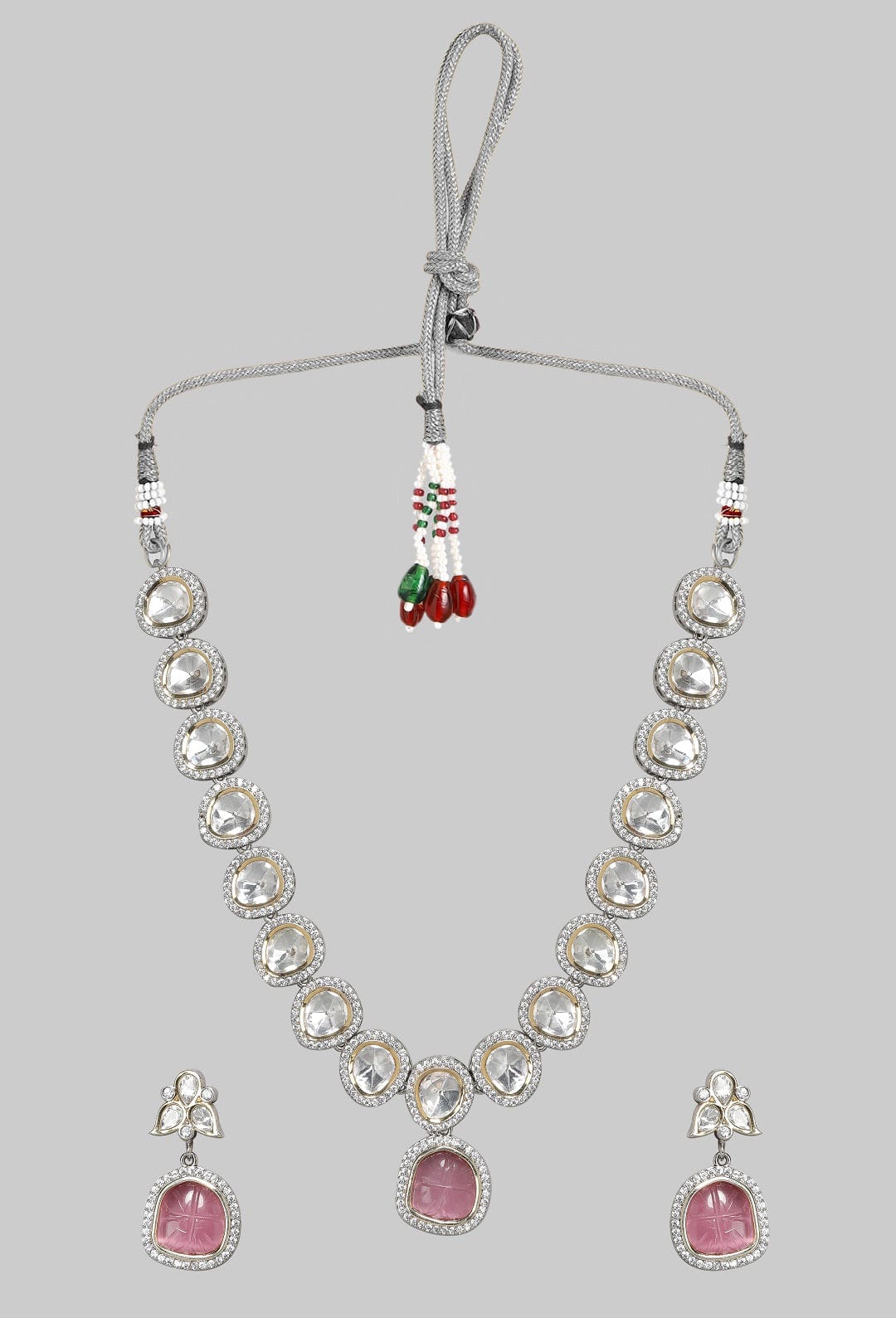 Rubans Silver Plated Kundan Necklace With Studded Pink Stones Necklace Set