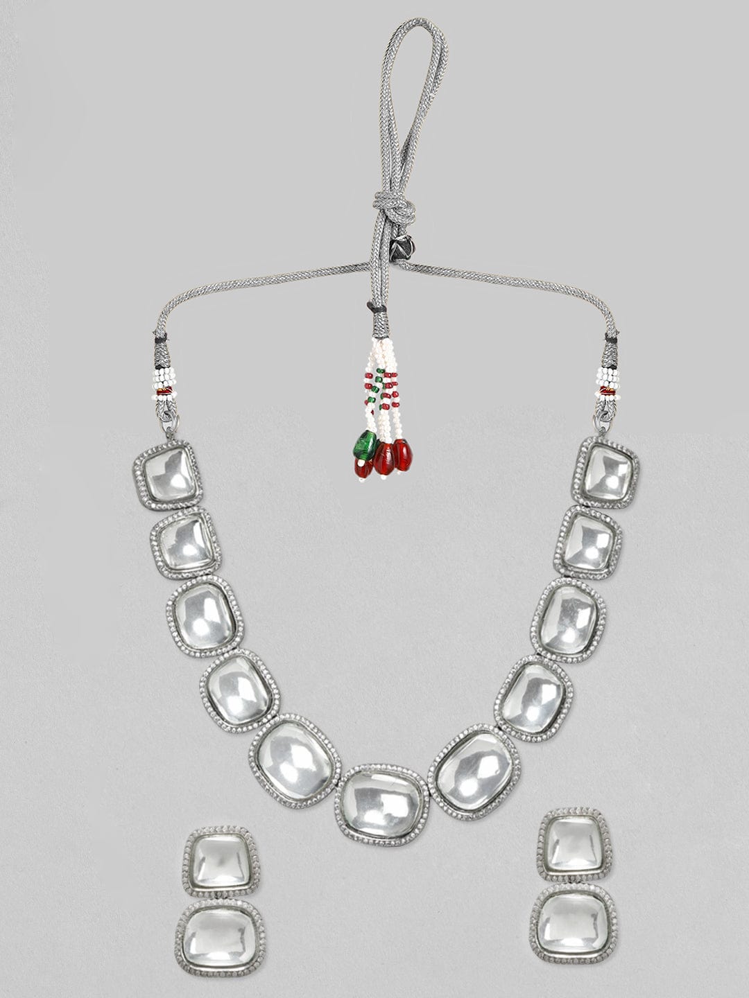 Rubans Silver Plated Kundan Polki Necklace With Studded AD Necklace Set