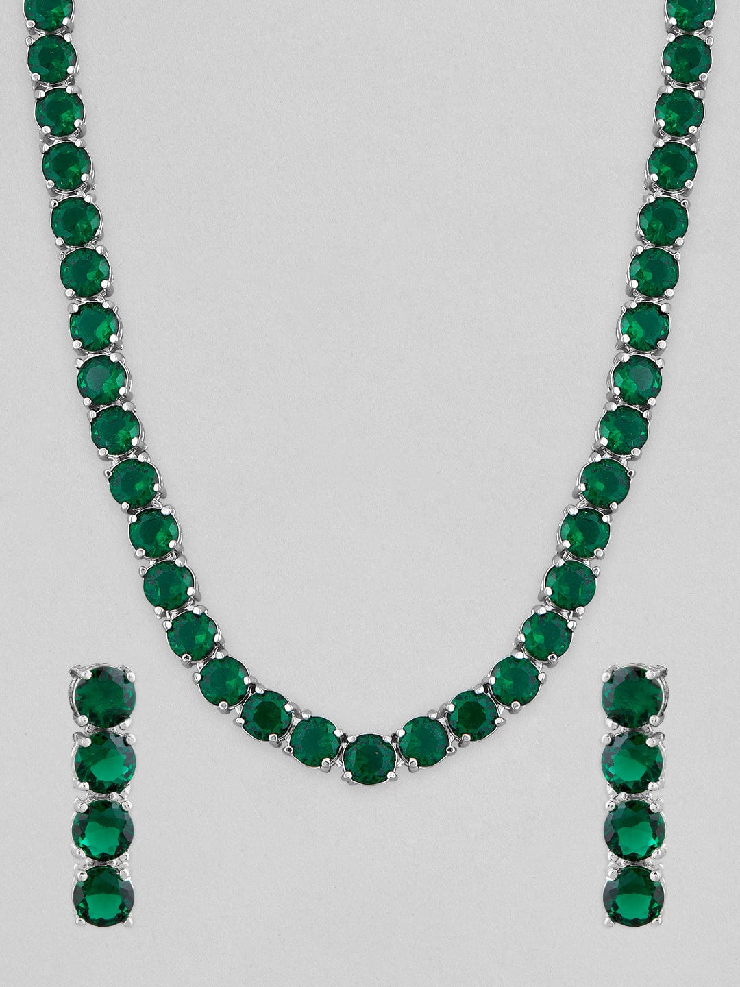 Rubans Silver Plated Long Necklace Set With Studded Green Stones Jewelry Sets