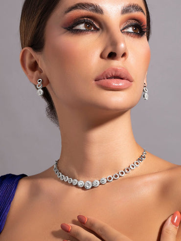 Rubans Silver Plated Minimal and Elegant AD Necklace Set Necklace Set