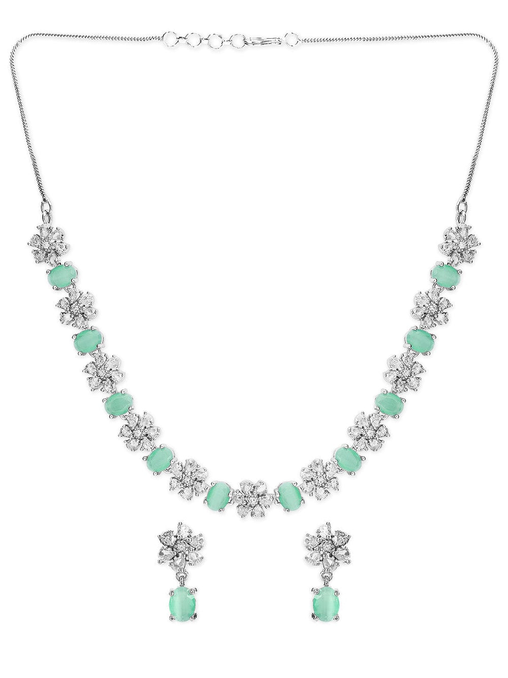 Rubans Silver Plated Mint Green CZ Studded Floral Necklace Set Necklace Set