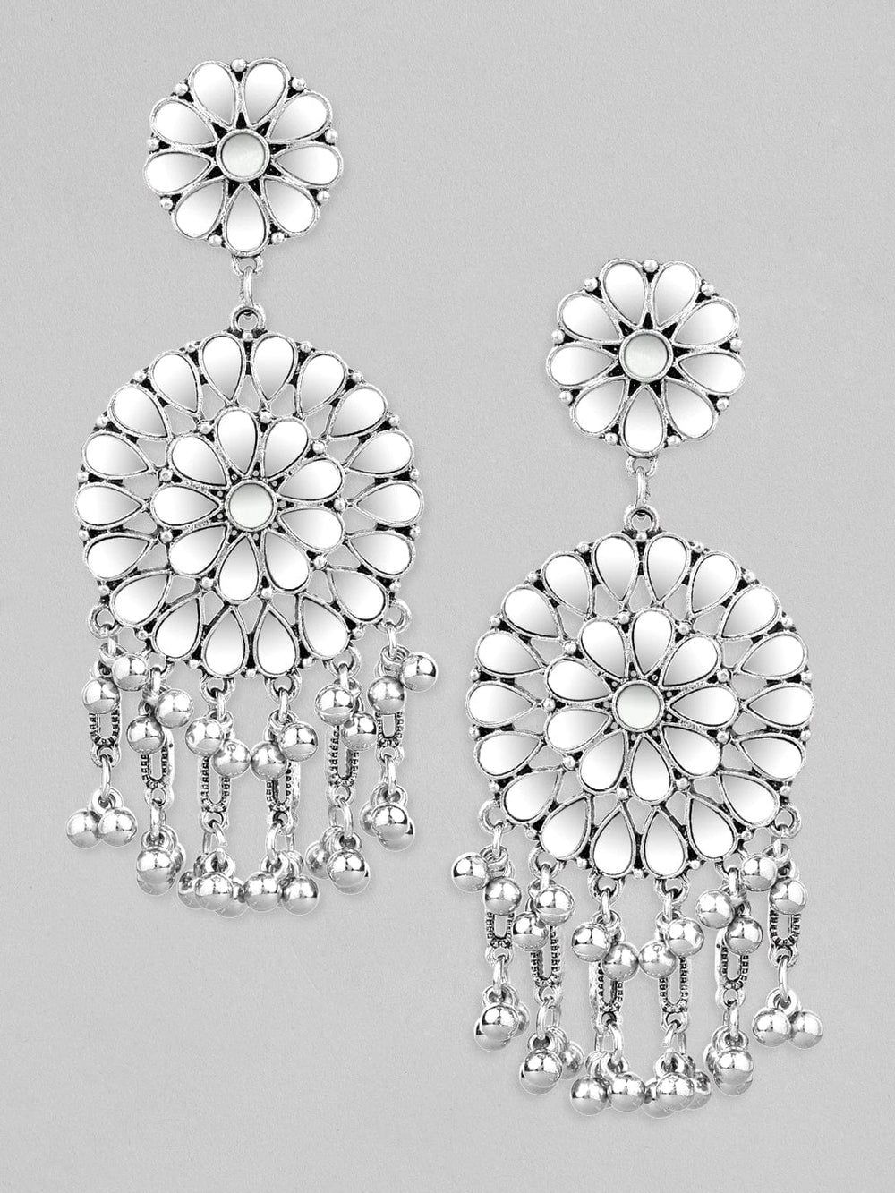 Rubans Silver-Plated Mirror Studded Circular Drop Earrings Earrings