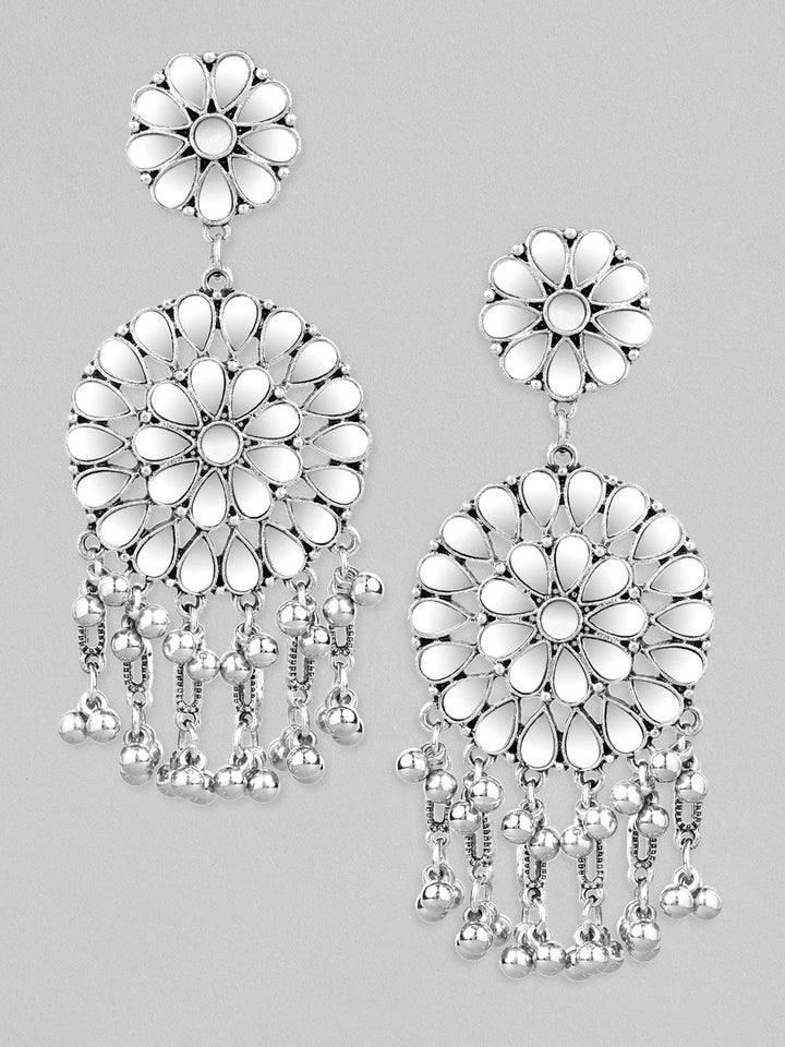 Rubans Silver-Plated Mirror Studded Circular Drop Earrings Earrings