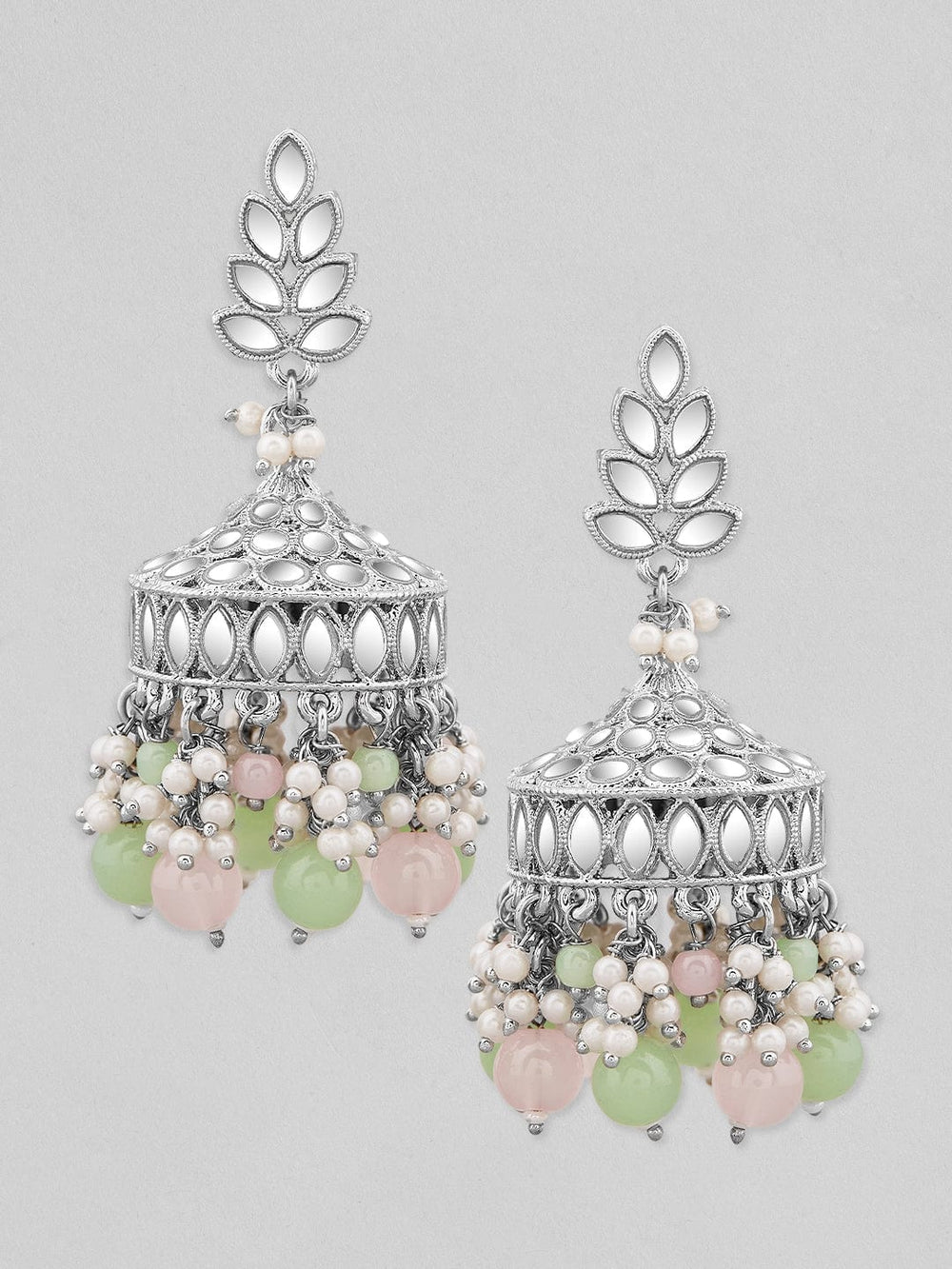 Rubans Silver Plated Mirror Studded Jhumki Earrings With Pastel Pink And Green Beads Earrings