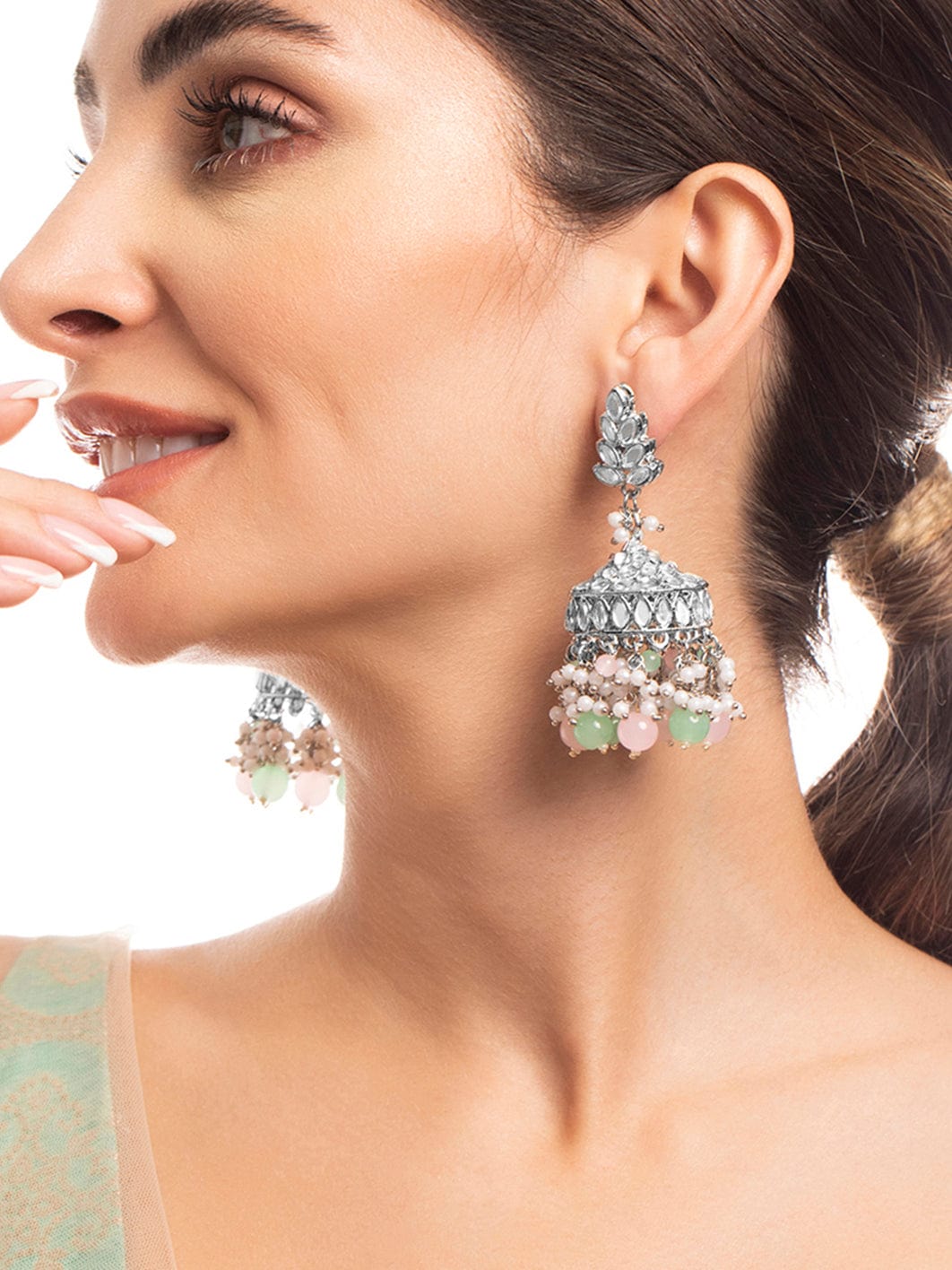 Rubans Silver Plated Mirror Studded Jhumki Earrings With Pastel Pink And Green Beads Earrings