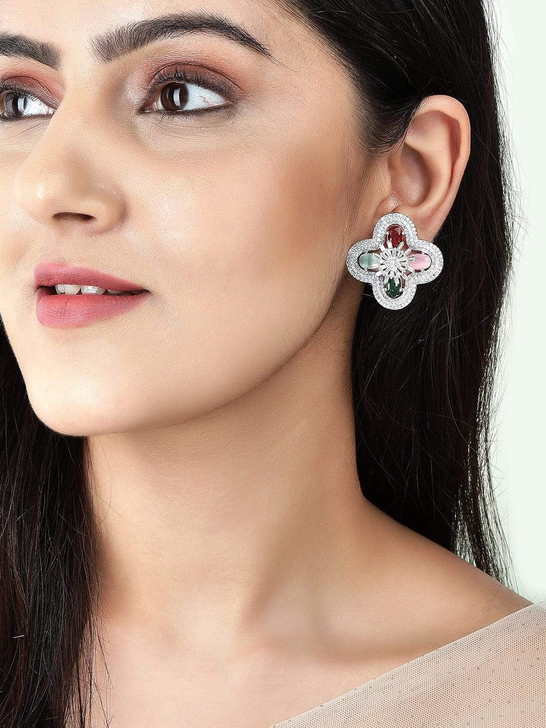Rubans Silver-Plated Multicolour AD Stud Earring Earrings