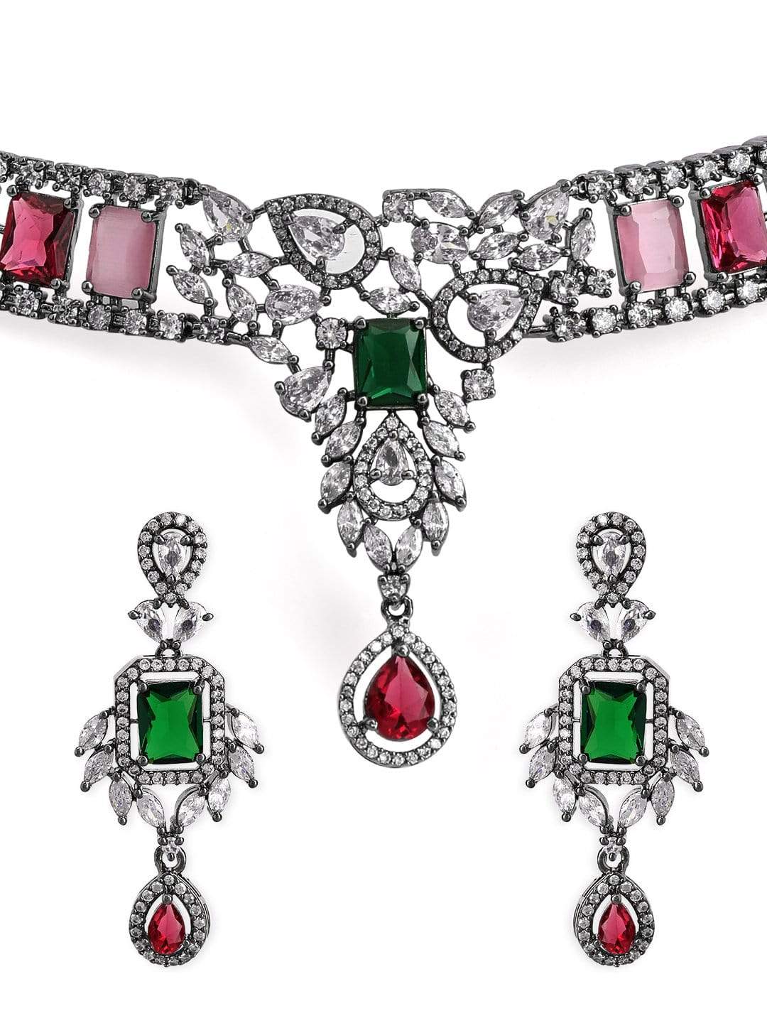 Rubans Silver Plated Multicoloured Stone Studded American Diamond Necklace Set. Necklace Set