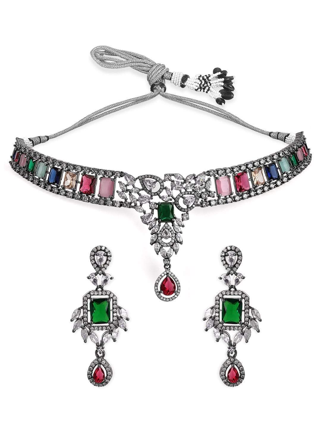 Rubans Silver Plated Multicoloured Stone Studded American Diamond Necklace Set. Necklace Set