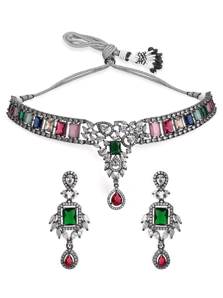 Rubans Silver Plated Multicoloured Stone Studded American Diamond Necklace Set. Necklace Set