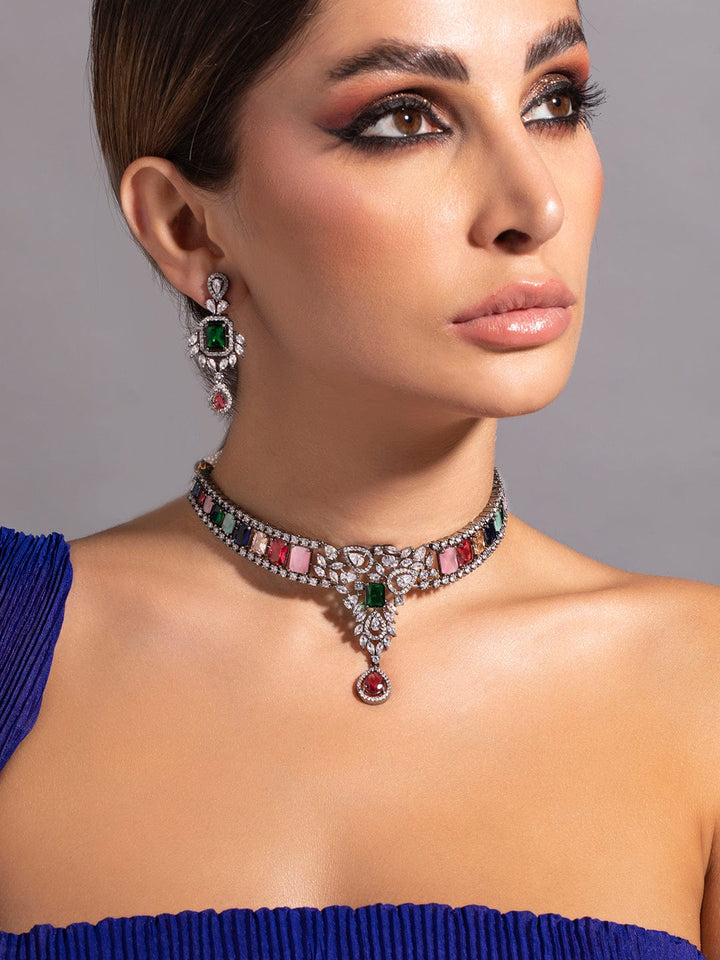 Rubans Silver Plated Multicoloured Stone Studded American Diamond Necklace Set. Necklace Set