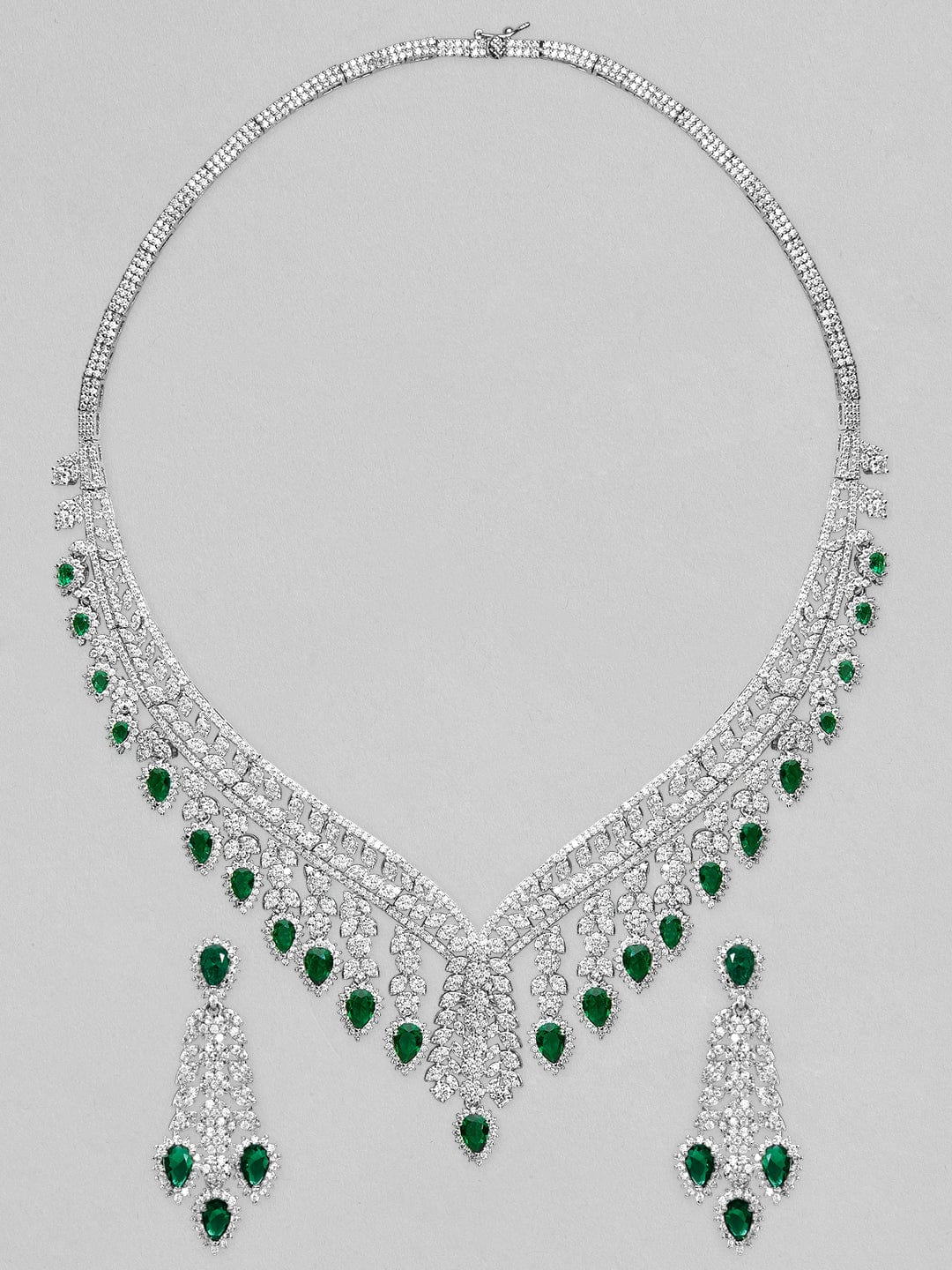 Rubans Silver Plated Necklace Set With Studded American Diamonds And Green Stones. Necklace Set