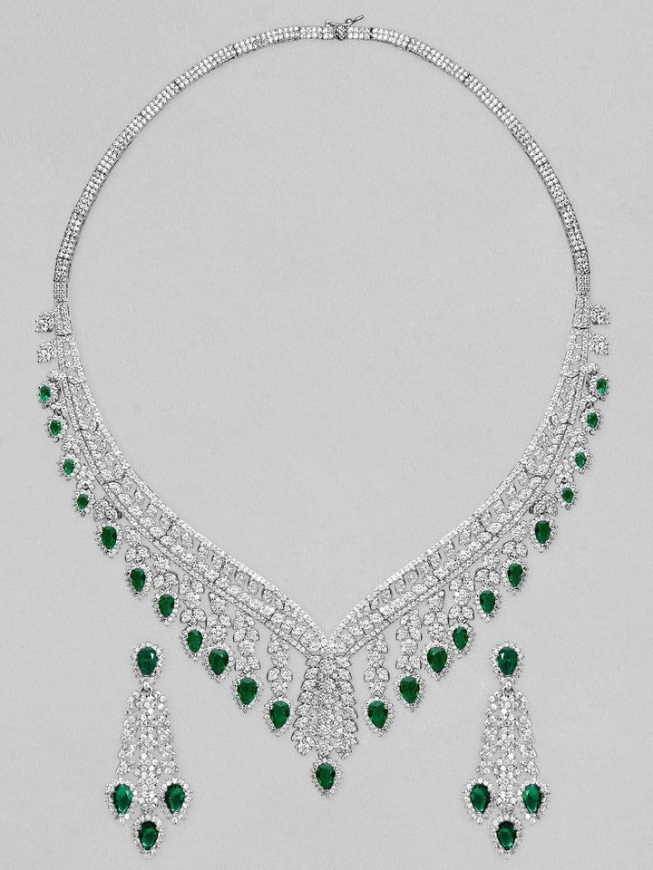 Rubans Silver Plated Necklace Set With Studded American Diamonds And Green Stones. Necklace Set