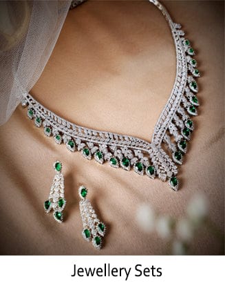 Rubans Silver Plated Necklace Set With Studded American Diamonds And Green Stones. Necklace Set