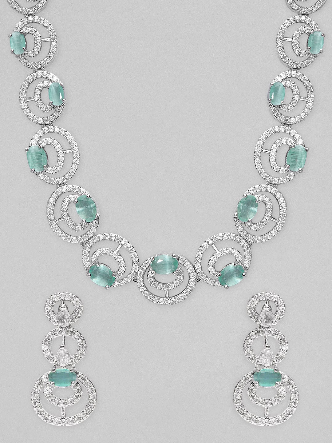 Rubans Silver Plated Necklace With Studded Pastel Mint Green AD's Jewelry Sets
