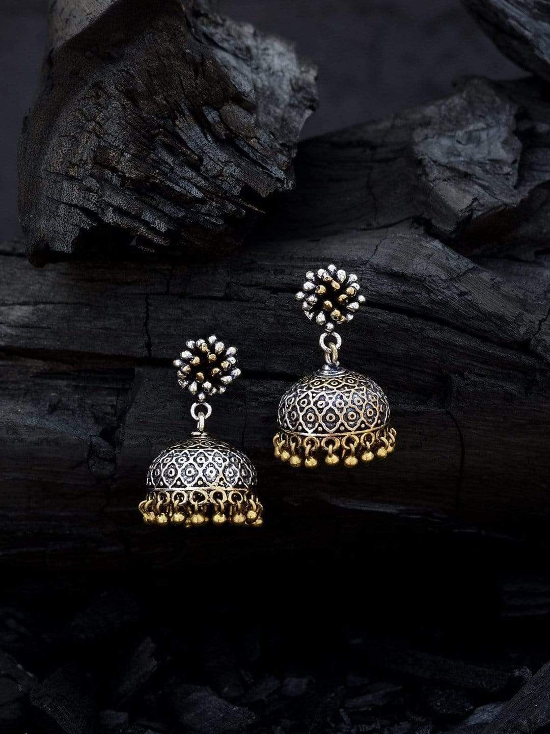 Rubans Silver Plated Oxidised Dual Tone Royal Moroccan Jhumka Earrings Earrings