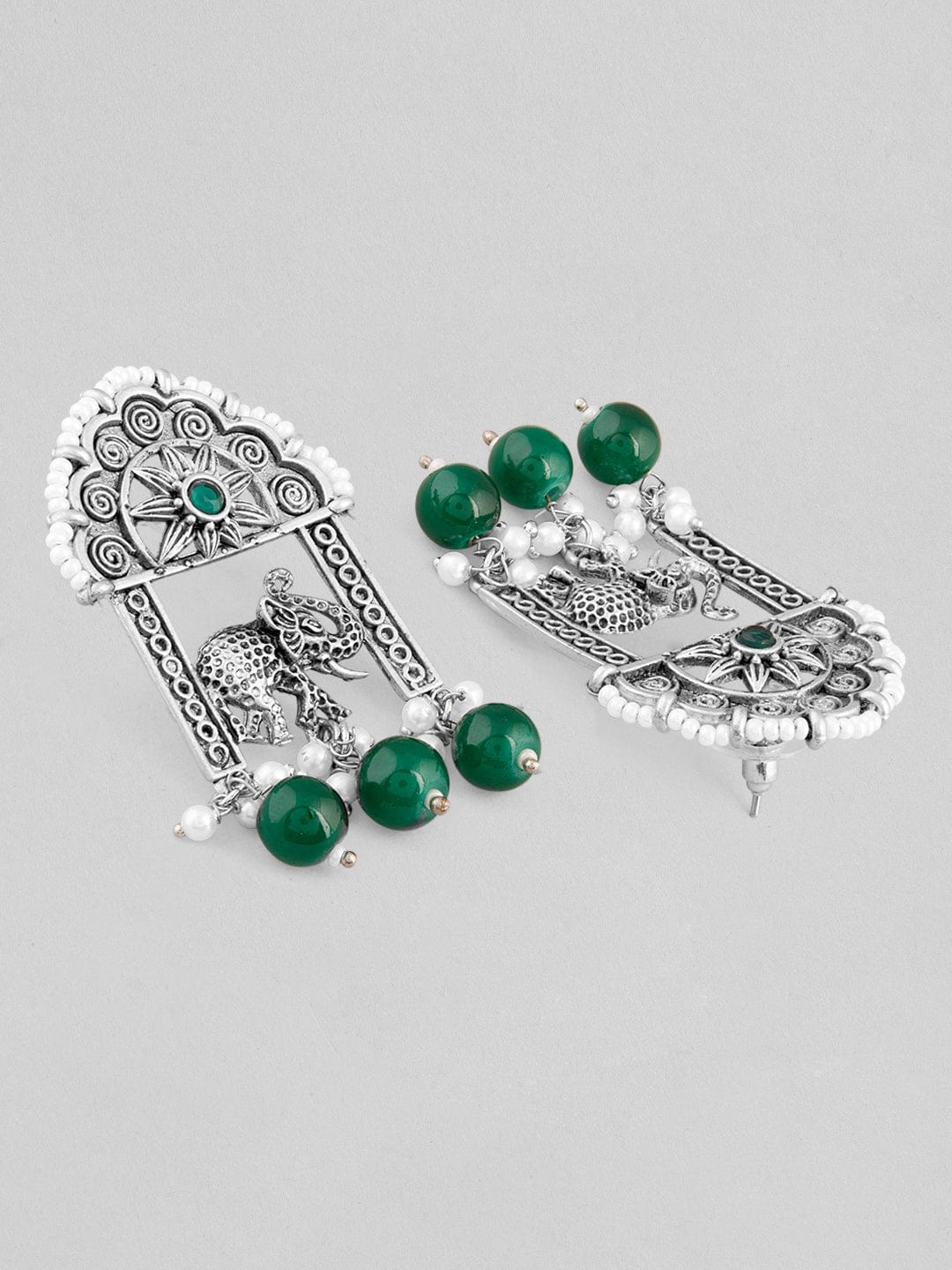 Rubans Silver Plated Oxidised Earrings With Elephant Motif And Green Beads Earrings