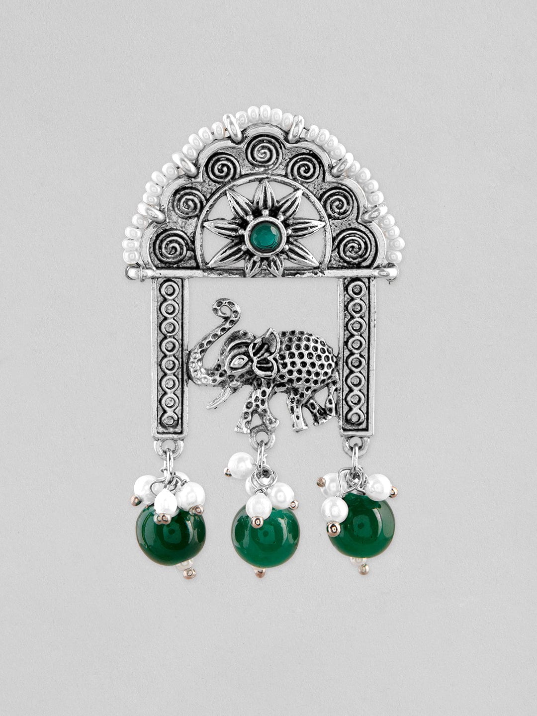 Rubans Silver Plated Oxidised Earrings With Elephant Motif And Green Beads Earrings