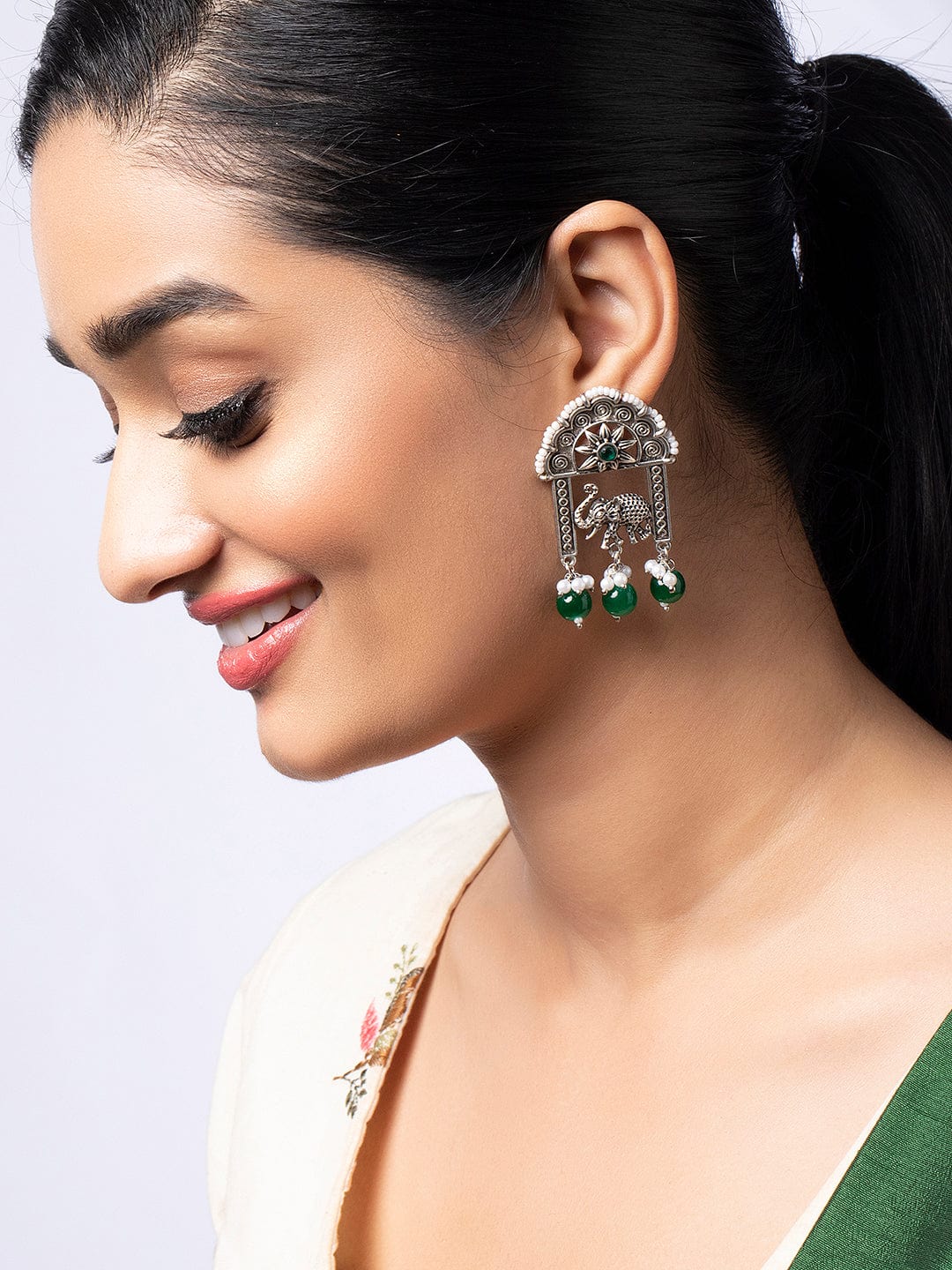 Rubans Silver Plated Oxidised Earrings With Elephant Motif And Green Beads Earrings