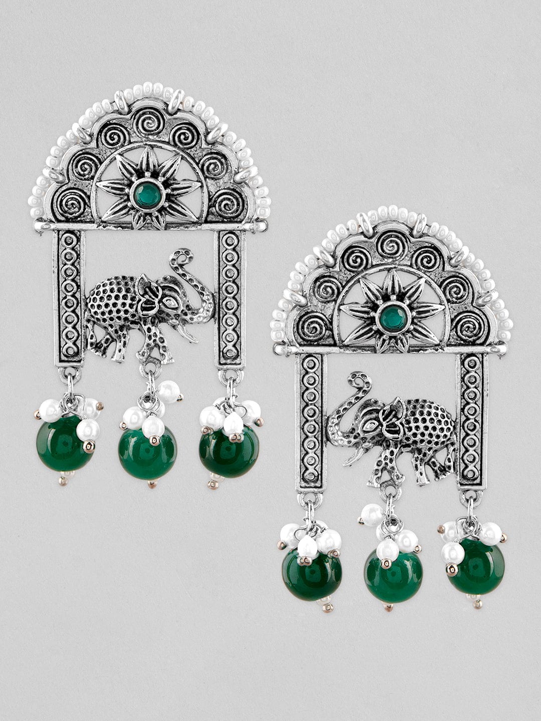 Rubans Silver Plated Oxidised Earrings With Elephant Motif And Green Beads Earrings