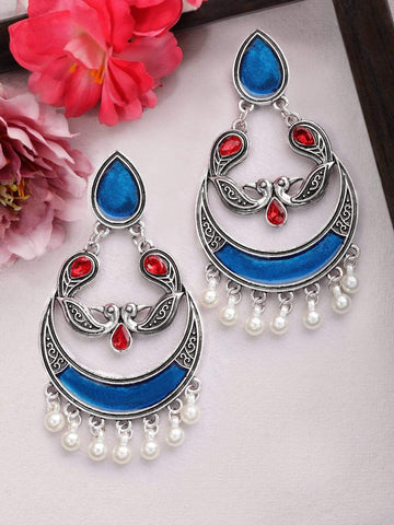 Rubans Silver Plated Oxidised Handcrafted Enamel Chandbali Earrings Earrings