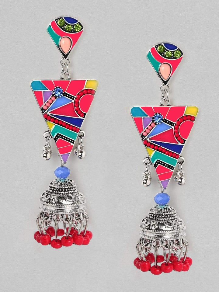 Rubans  Silver Plated Oxidised Handcrafted Enamel Jhumka Earrings Earrings