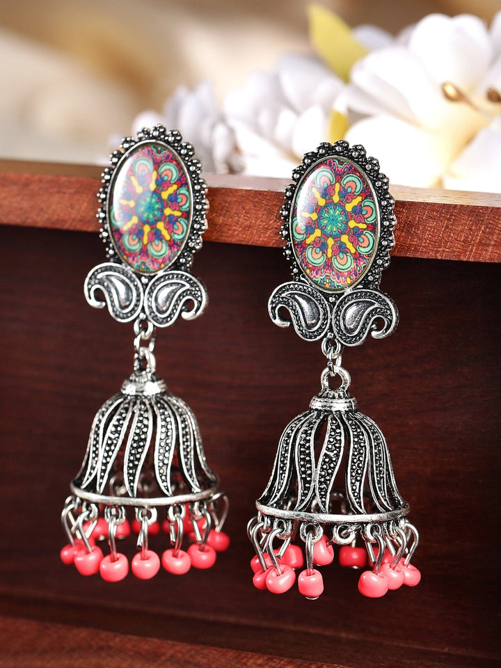 Rubans  Silver Plated Oxidised Handcrafted Enamel Jhumka Earrings Earrings