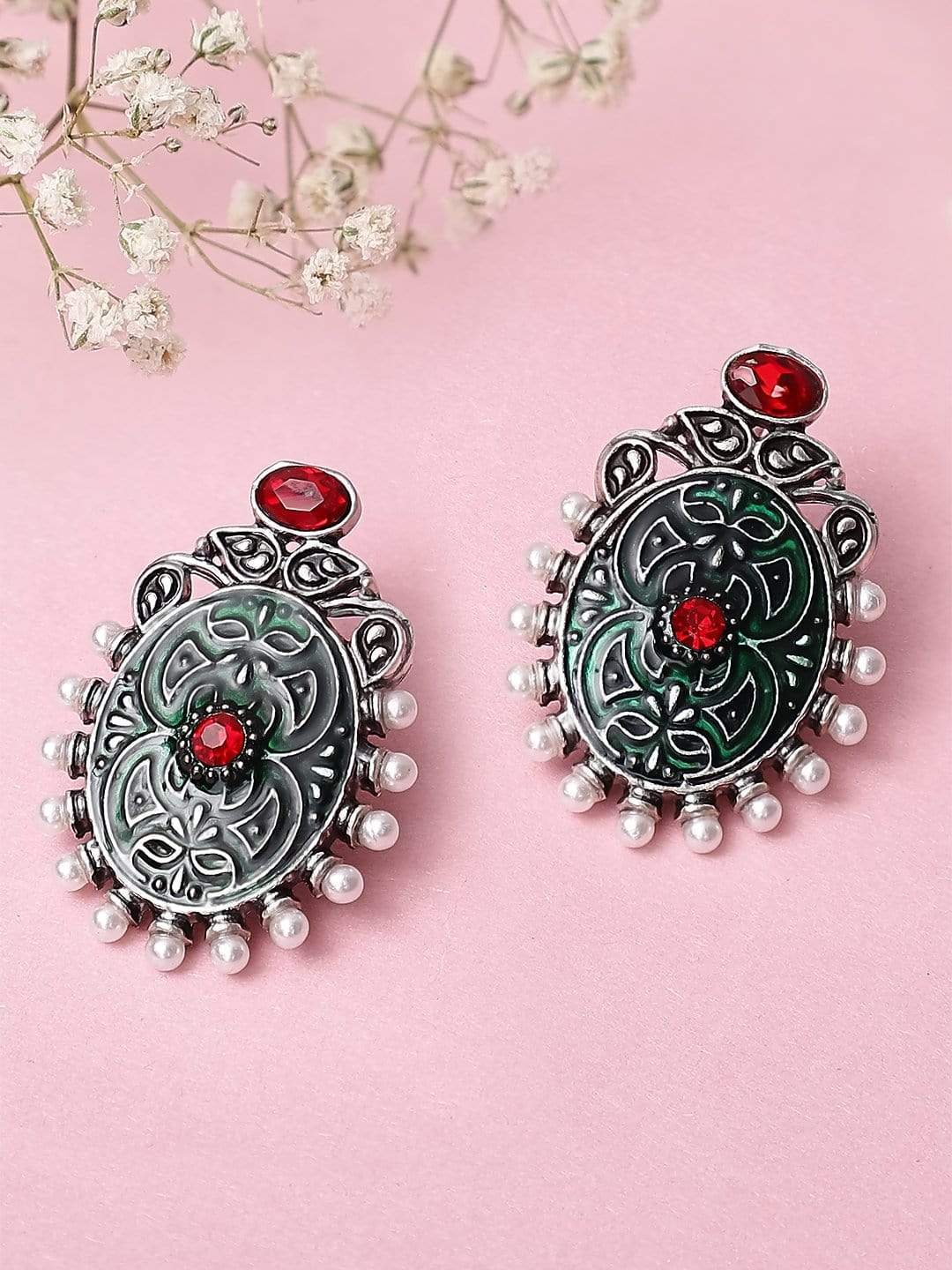 Rubans  Silver Plated Oxidised Handcrafted Enamel Stud Earrings Earrings