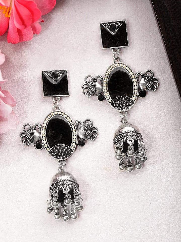 Rubans Silver Plated Oxidised Handcrafted Mirror Jhumka Earrings Earrings