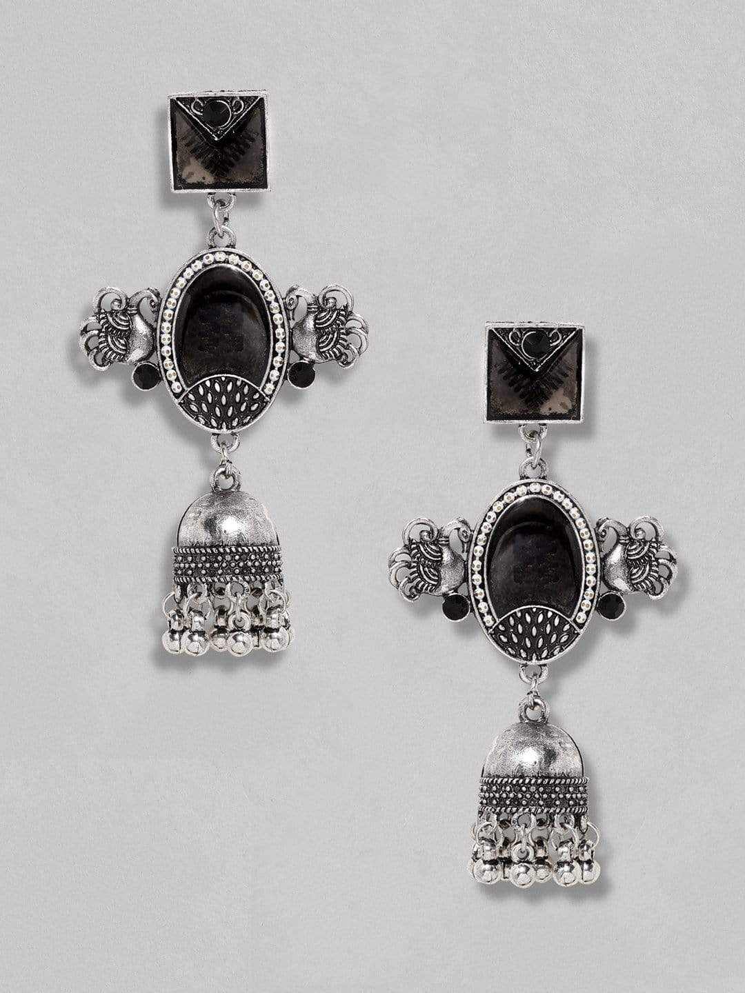 Rubans Silver Plated Oxidised Handcrafted Mirror Jhumka Earrings Earrings