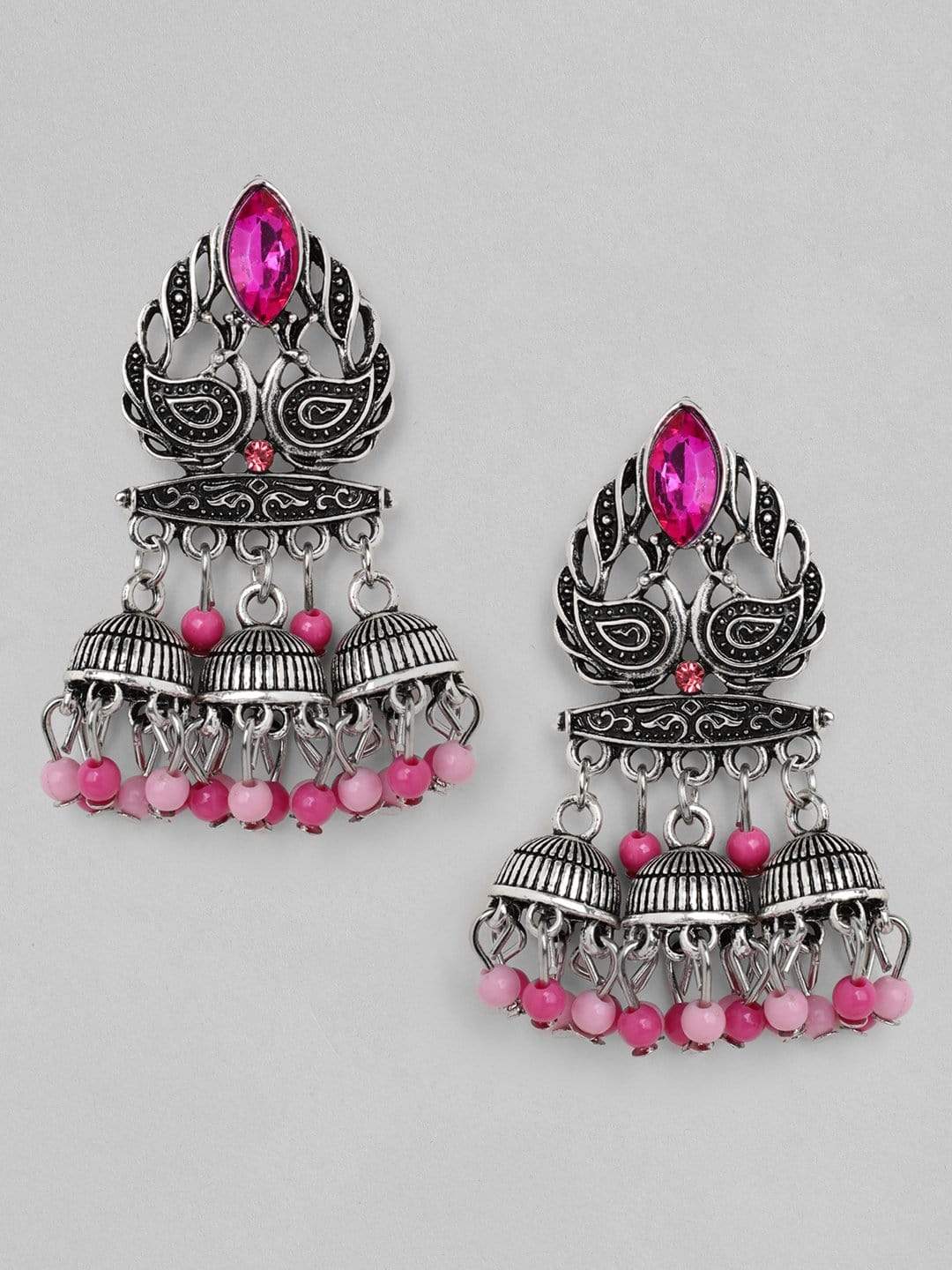 Rubans  Silver Plated Oxidised Handcrafted Multi Jhumka Earrings Earrings