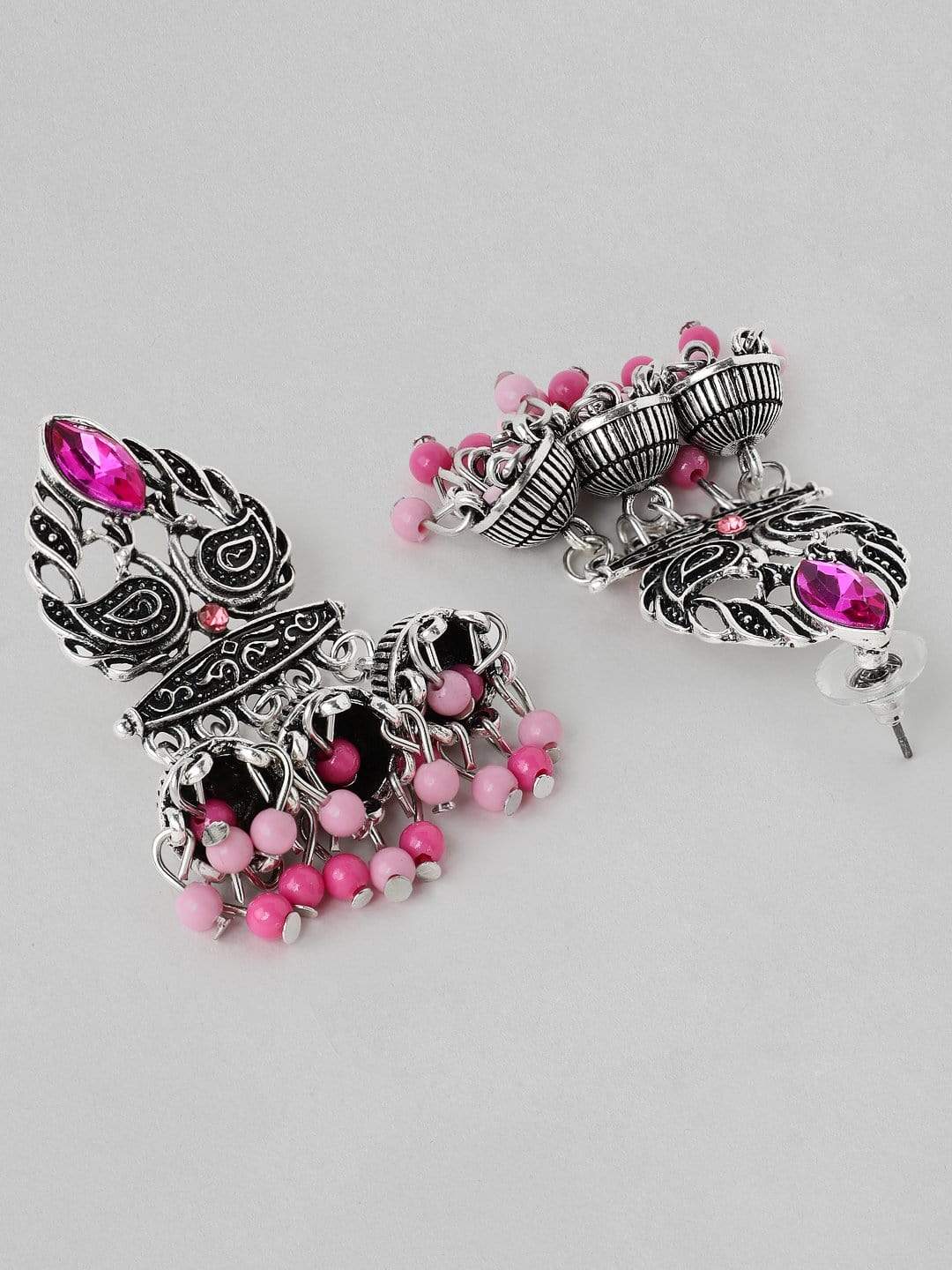 Rubans  Silver Plated Oxidised Handcrafted Multi Jhumka Earrings Earrings