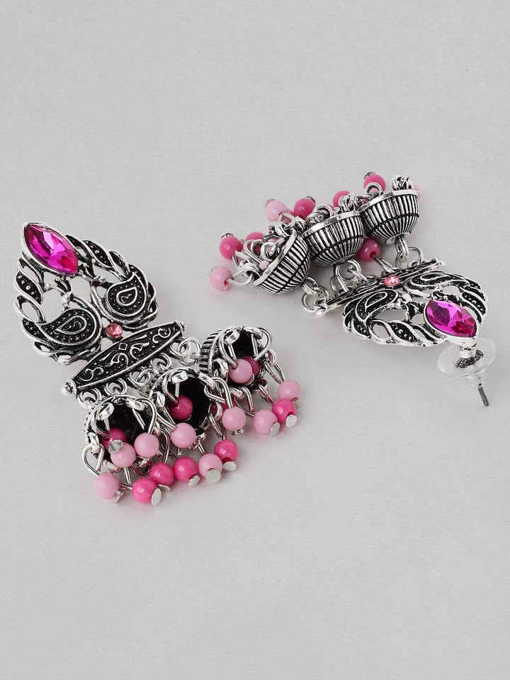 Rubans  Silver Plated Oxidised Handcrafted Multi Jhumka Earrings Earrings