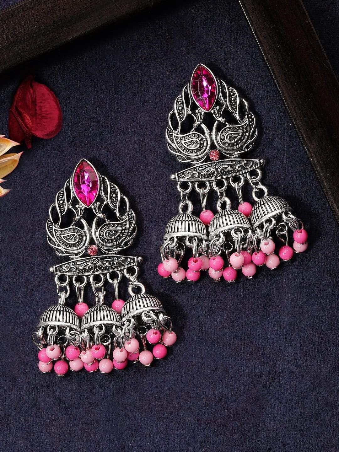 Rubans  Silver Plated Oxidised Handcrafted Multi Jhumka Earrings Earrings