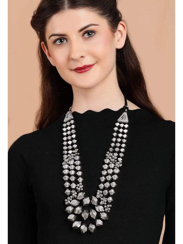 Rubans Silver Plated Oxidised Handcrafted Multi Layer Boho Necklace Necklace Set