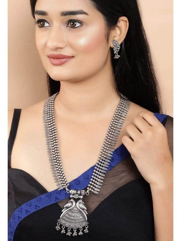 Rubans Silver Plated Oxidised Handcrafted  Peacock Necklace Set Necklace Set