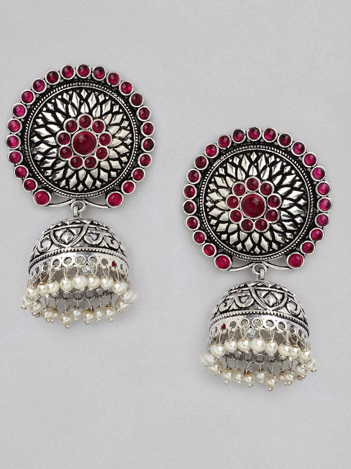 Rubans Silver Plated Oxidised Handcrafted Pink Stone Jhumka Earrings Earrings