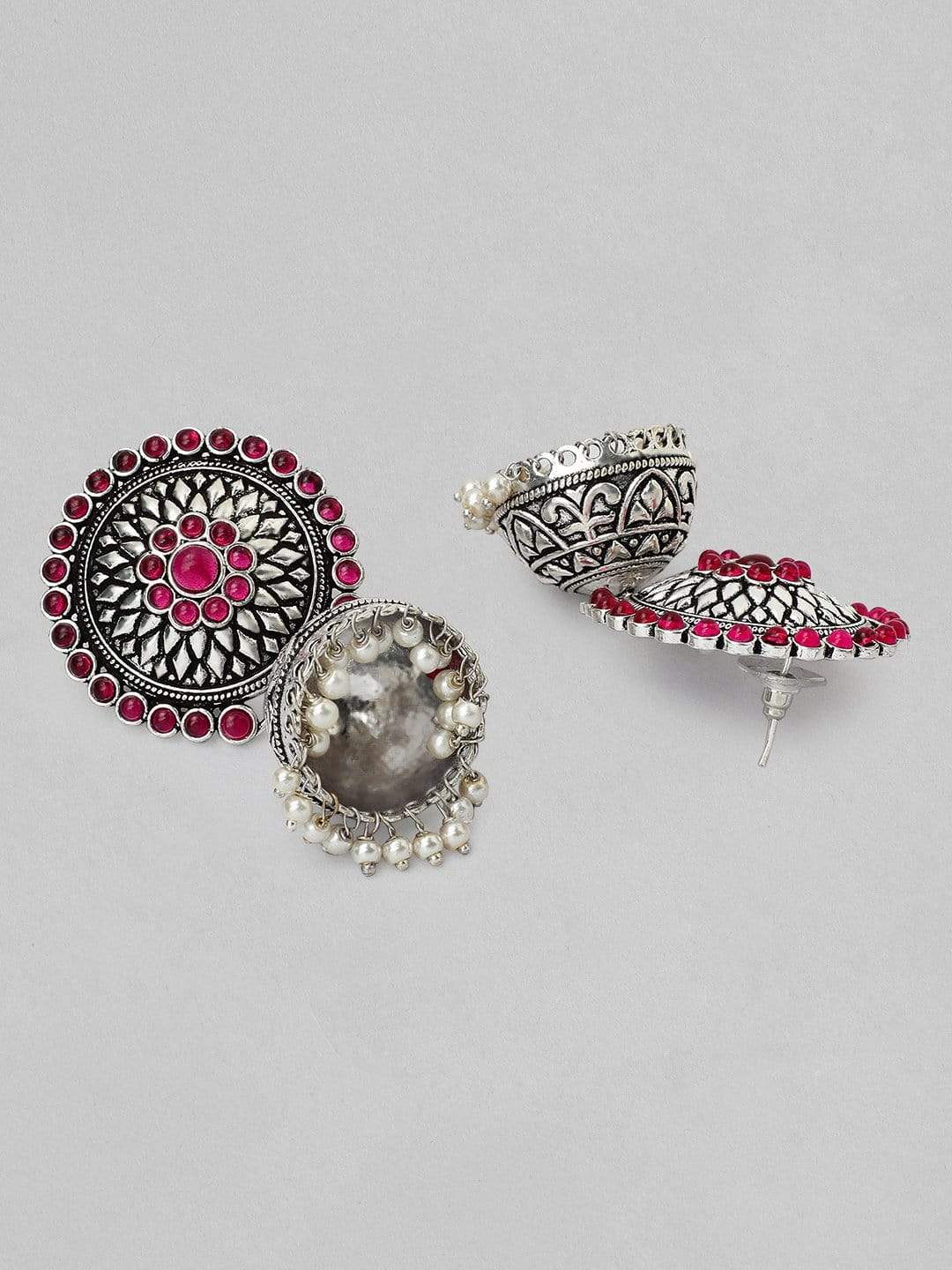 Rubans Silver Plated Oxidised Handcrafted Pink Stone Jhumka Earrings Earrings