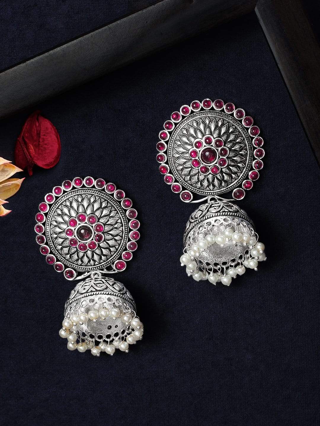 Rubans Silver Plated Oxidised Handcrafted Pink Stone Jhumka Earrings Earrings