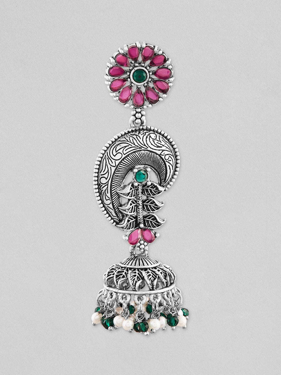 Rubans Silver Plated Oxidised Jhumka Earrings With Pink And Green Stones. Earrings